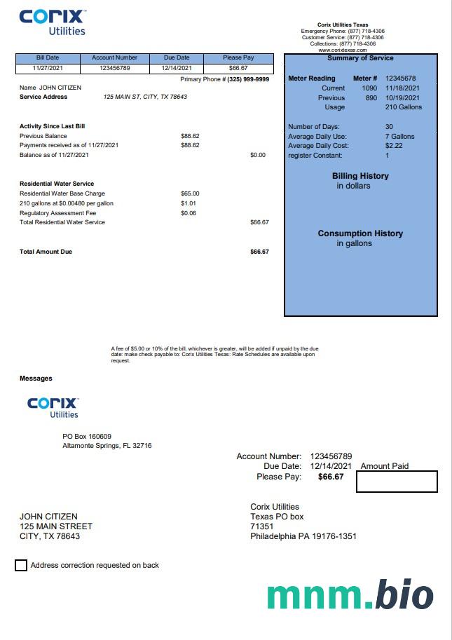 USA Corix Utilities bill szablon w formacie Word i PDF